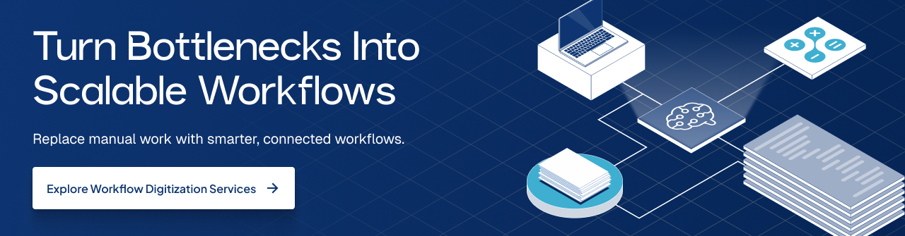 Workflow digitization services illustration showing connected business processes replacing manual workflows for growing businesses.